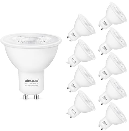 DiCUNO Bombillas LED GU10, 4.5W Equiv. 40W, 3000K, 380lm, Pack de 10 | Blanco cálido, No regulable, Focos LED GU10 230V, Ángulo de haz 38° , Bombilla reflectora para cocina, baño y pasillo
