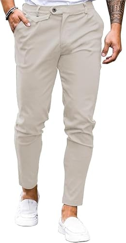Runcati Mens Chinos Slim Fit Pants Flat Front Stretch Skinny Tapered Dress Pants Comfort Casual Solid Trousers
