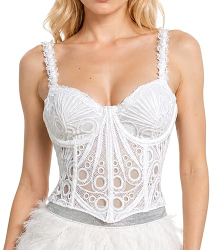 DOINEUFL Lace Corset Tops for Women, Bustier with Straps, Sexy Mesh Corset Back Lace-Up, Lace Bustier Crop Top, Boned Top for Party Club Going Out