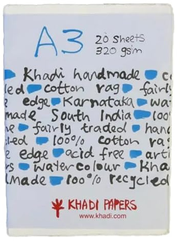 Khadi Papier aquarelle fait main 100% chiffon 320 g/m² : brut : lot de 20 feuilles A3