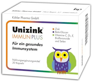 Unizink IMMUN PLUS – Nährstoff-Komplex mit Zink, Vitamin C, D3 und E sowie Selen, Bioflavonoiden und Beta-Glucan, unterstützt eine normale Funktion des Immunsystems, gluten- & laktosefrei, 30 St