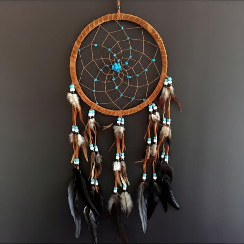 OMA Large Dream Catcher – Brown Suede with Turquoise Stones and Feathers, Traditional Dreamcatcher for Bedroom, Living Room, Dorms & Gift, Size - 28” x 9”