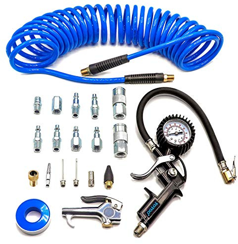 YOTOO Heavy Duty Air Compressor Accessories Kit 20 Pieces with 1/4 inch x 25 feet Polyurethane Air Compressor Hose, 100 PSI Tire Inflator Gauge, Air Blow Gun and Air Hose Fittings
