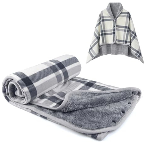 forestfish Fleece Wearable Blanket, Plaid Lap Blanket Comfy Poncho Throw with Buttons for Bed Sofa Office, Grey-White