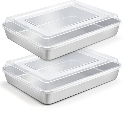 TeamFar Lasagna Pan, 12.3’’ x 9.75’’ x 2’’ Stainless Steel Rectangular Cake Brownie Baking Pan with Lid, Non-Toxic & Heavy Duty, Brush Surface & Deep Side, Dishwasher Safe-2 Pans+2 Lids