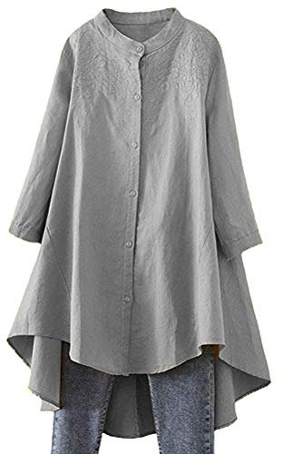 FTCayanz Damen Leinen Bluse Shirt Langarm Stickerei Hemd Elegant Langarmshirt Lang Tunika Tops Grau XL