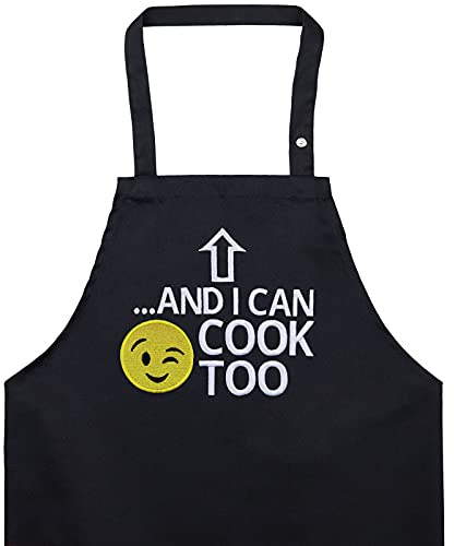 EXPRESS-STICKEREI Delantal de cocina para hombres con bordado divertido: AND I CAN COOK TOO Ajustable, con bolsillo, regalo ideal para el maestro parrillero