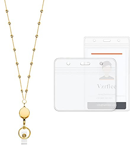 Vzrflee Retractable Badge Reel Lanyard with 2 Pieces ID Holder for Women, Fashion Beaded Chain Premium Stainless Steel Lanyard Necklace Water Resistant Name Badge Holder (Gold)