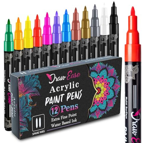 Draw Ease Acrylic Paint Pens Set of 12 Colours, 0.7mm Tip Glass Pens with Extra Fine Point & Water Based Ink - Acrylic Pens Suitable for Porcelain, Wood, DIY Craft, Mug Design, Rock Painting & Ceramic