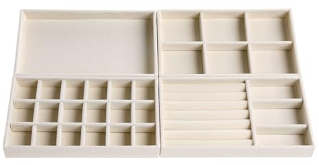 AIRZSNRY Velvet Jewelry Organizer for Drawer, Stackable Jewelry Drawer Inserts in Dresser, 8in Beige Storage Display Case for Rings Stud Necklaces Accessories, Set of 4
