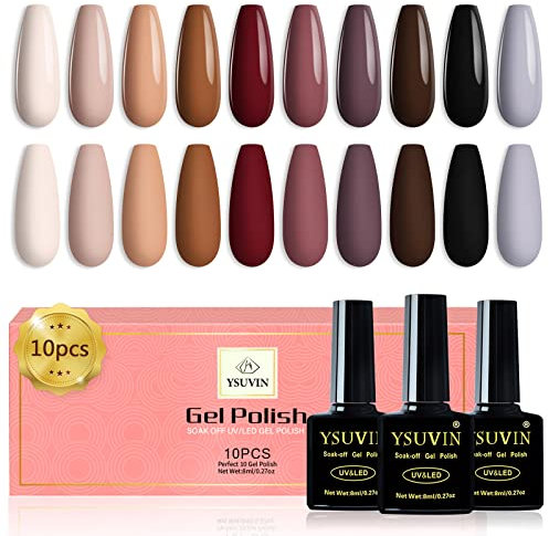 YSUVIN Semipermanente Unghie, 10 Colori Nudo Beige Marrone Nero Grigio Smalto Semipermante, Smalti per Unghie Soak Off UV/LED Nail Art Smalto Per Unghie Manicure Kit, 8ML