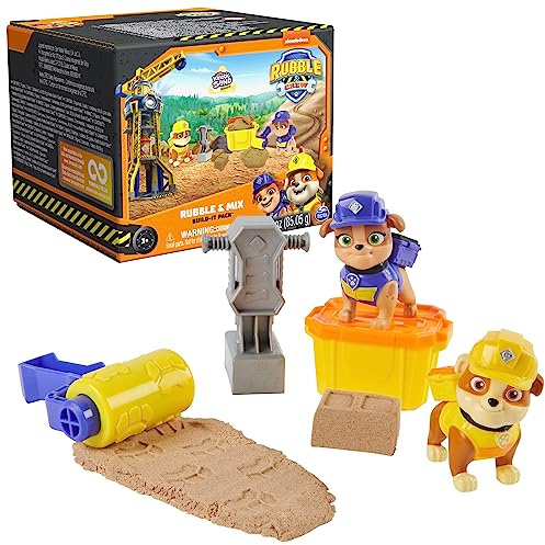 Rubble & Crew, Rubble and Mix Action Figures Set, with 3 oz of Kinetic Build-It Sand and 2 Hand Held Building Toys, Kids Toys for Ages 3 and up
