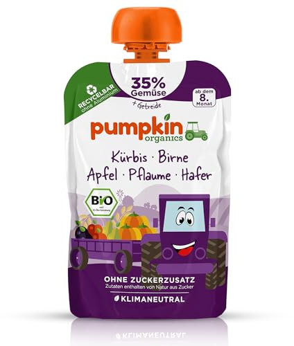 Pumpkin Organics Bio Gemüse-Getreide-Quetschie Kürbis, Birne, Apfel, Pflaume, Hafer ohne Zuckerzusatz¹ - ab dem 8. Monat - als Snack oder Beikost für unterwegs (100g)
