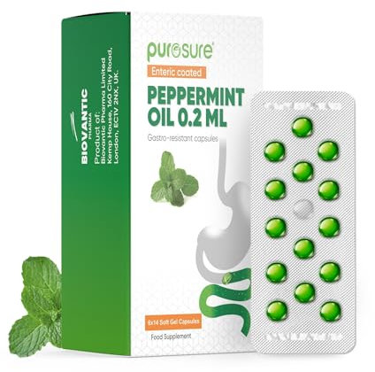 Purosure Enteric Coated Peppermint Oil Capsules - 84 Soft Gel Caps (0.2ml Each), Gastro-Resistant Natural Soothing Mint Sealed in Hygienic Blister Strips Supports Healthy Digestion