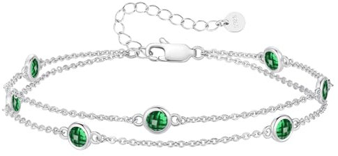 LOUISA SECRET Damen Armband Layered mit Geburtsstein Anhängern Doppelt Kette für Frauen Mädchen 925 Sterling Silber Armbänder, Geburtstag Jahrestag Weihnachten Geschenk für Sie Frauen Freundin Mutter