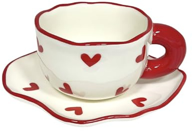 Soulnioi Ceramic Coffee Mug, Cute Cappuccino Cup and Saucer Set, 180ML Handpainting Tea Cup Milk Cup for Gift - Red Heart
