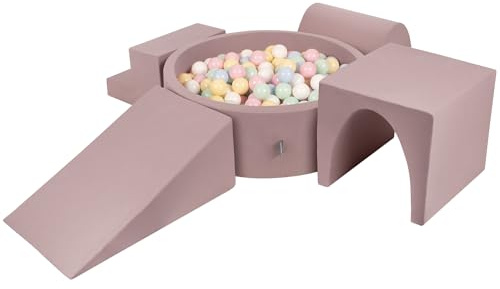 KiddyMoon Area di Gioco in Schiuma con Tondo Piscina di Palline (300 Palline) per Bambini, Erica: Blu Pastello/Giallo Pastello/Bianco/Menta/Rosa Chiaro