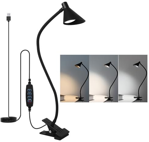 Qooltek LED Reading Light, Clamp Lamp 3 Color Modes 5 Brightness, Clip Light for Desk Bedside Table, 5W USB Powered Desk Lamp with Flexible Arm，Black