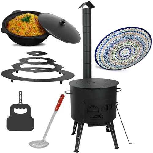 4BIG.fun Utschak Ø44 Uchag 16L Kazan Wok Grillfächer Schaumkelle Eintopfofen Utschag Учаг Campingofen Orientalischer Teller ляган Adapter-Ringe Kaзan Herdplate Feuerstelle Feldküche Außenküche Grill