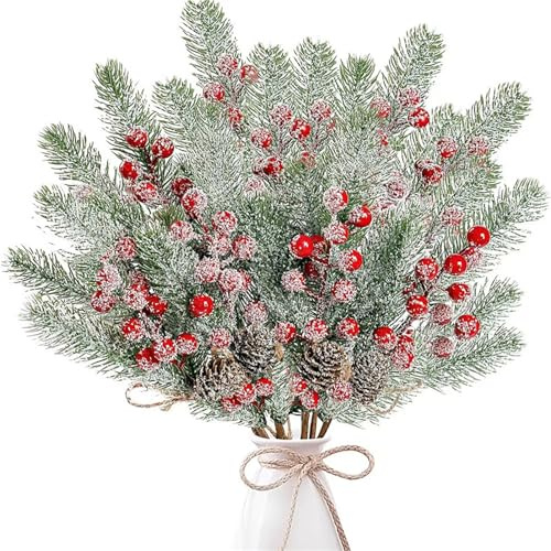 6 stycken konstgjorda bärstjälkar, snö, frostade, konstgjorda grangrenar, stickpalmbär, bordsdekoration, jul, adventskrans, grankottar, dekoration, kransar, arrangemang, höstfest, blomarrangemang