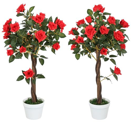Outsunny Set of 2 90cm/3FT Artificial Rose Tree, Fake Decorative Plant with Pot, Indoor Faux Decoration Home Office Decor, Red