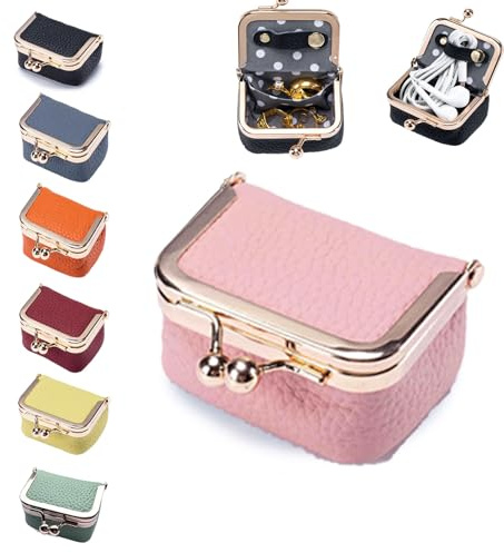 FURZART Genuine Leather Jewelry Travel Case Mini Portable Organizer with Kiss Lock & Anti-Tip Design, Stable Small Jewelry Box for Earrings, Rings, Coin Purse for Travel (2.55x1.77 Inch, Pink)