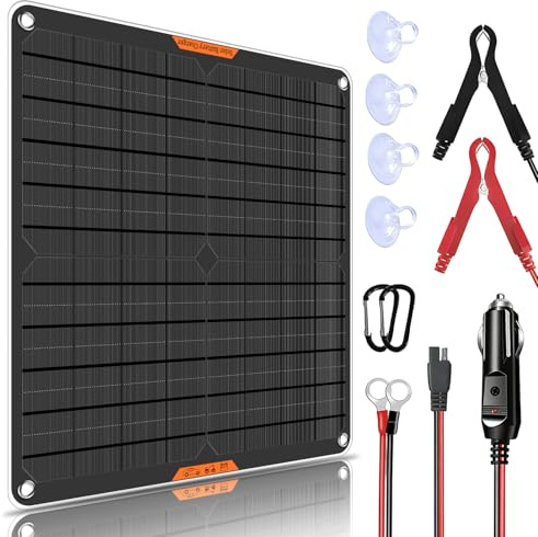 BOKENTIO 20W Solar Car Battery Charger & Maintainer, 12 Volt Solar Panel Trickle Charger, with Alligator Clip& Cigarette Lighter PlugAdapter for Car, Boat, Automotive, Motorcycle, RV