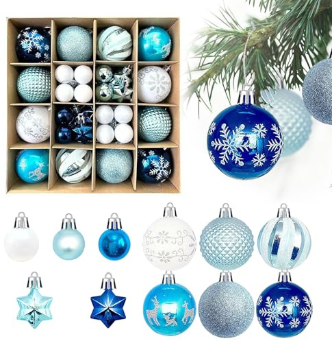 Spetsbst 44 stycken julgranskulor, blåa, vita, 6 cm och 3 cm, julgranskulor i plast