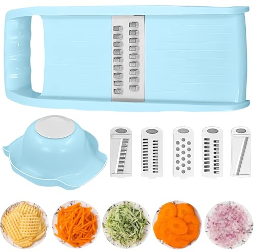 Grattugia Verdure, 5 in 1 con Protezione per le Mani, Grattugia Carote, Cucina Multifunzione Frutta Verdura Grattugia Affettatrice Pelapatate Trituratore, Blu