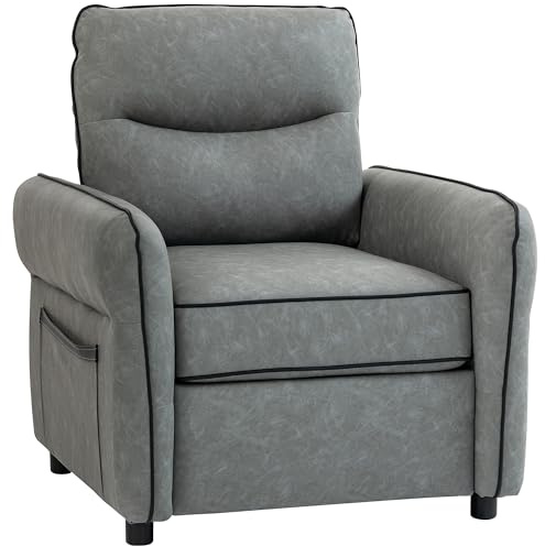 HOMCOM Armchair, Modern Accent Chair with Thick Cushion, High-Resilience Foam, Side Pockets, Quick Assembly, Faux Leather Chair for Living Room, Bedroom, Home Office, Grey