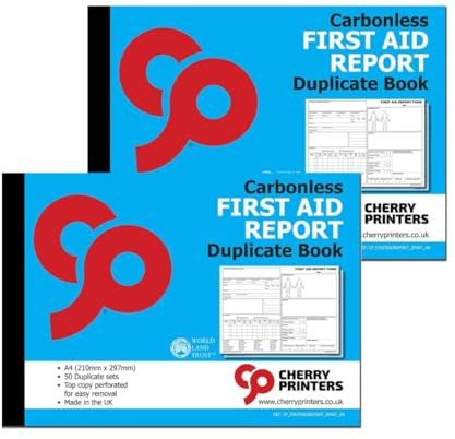 Cherry Printers | Carbonless First Aid Report Duplicate Book A4 | Accident Incident Report Book | 2 Part NCR Pad | 50 Sets | RIDDOR Compliant Forms | Workplace School Safety Log UK **2 Pack**