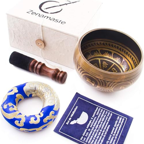Tibetansk meditationsskål Zenamast, handgjord i staden Bhaktapur i Nepal, 350 g, 8,9 cm + låda av nepalpapper med kudde trähammare