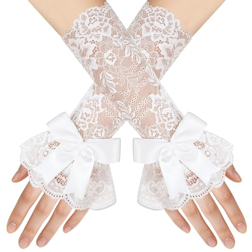 Gants en Dentelle Sans Doigts, Mitaine Dentelle Femme, Mitaines en Dentelles de Mariage, Mitaine Vintage Élégant Femme, Accessoires de Costume pour Mariage, Travail, Banquet, Halloween (Blanc)