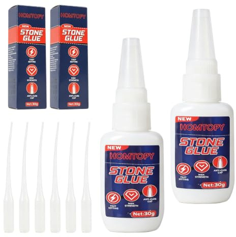 Lot de 2 flacons de colle pour pierre de 30g chacune accompagnés de 6 embouts doseurs, adapté à la réparation de pierres, jade, céramique, verre et divers matériaux artisanaux