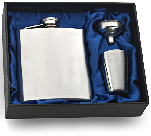 Personalised Engraved 6oz Hip Flask Gift Set, with Funnel and Four Cups in Presentation Box - Genuine 'Charles Hendon'