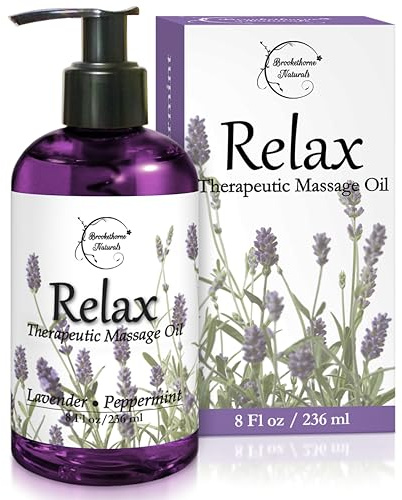 Relax Therapeutic Body Massage Oil - with Best Essential Oils for Sore Muscles & Stiffness – Lavender, Peppermint & Marjoram - All Natural - with Sweet Almond, Grapeseed & Jojoba Oil 8oz