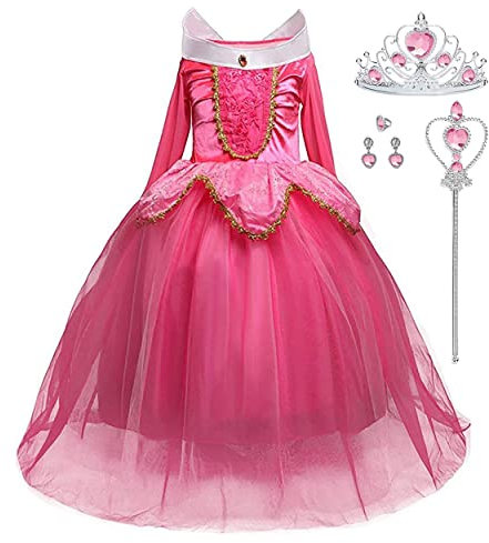 LiUiMiY Déguisement Princesse Fille Costume Enfant Bébé Halloween Carnaval Noël Cosplay Anniversaire Fête avec Baguette magique Couronne, Rose,6-8 ans (étiquette 140)