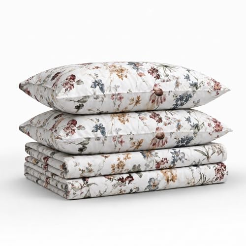 Tribeca Living Juego de sábanas tamaño King, satén de algodón suave de 300 hilos, estampado floral con bolsillos extraprofundos, juego de ropa de cama de 4 piezas, color rojo oscuro Amalfi, multicolor