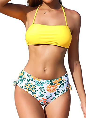 SHEKINI Costume da Bagno Donna Due Pezzi Imbottito Halter Regolabile Bandeau Bikini Top Costumi Due Pezzi Donna Vita Alta Controllo Addominale Bikini Fondo(XL, Giallo)