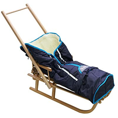 Skyline Holzschlitten für Kinder mit Rückenlehne Rodelschlitten Davoser Schlitten aus Holz mit einem Sicherheitsgurt Pusher