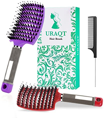 URAQT Cepillo Pelo, 2pcs Cepillo Cerdas Jabali y 1pcs Peine Pelo Rizado, Peine Antitirones Masaje Curvo y Ventilado, Cepillo Desenredante para Secado Más Rápido, Reducir Encrespamiento y Rotura