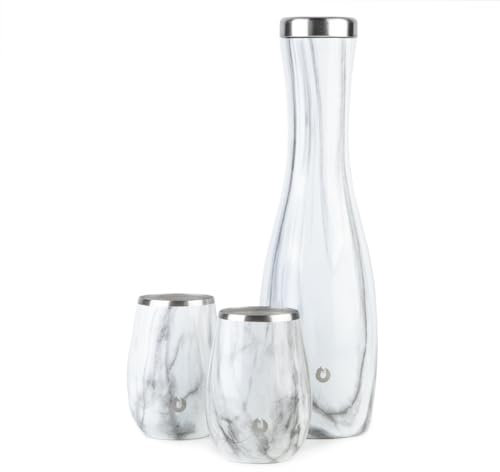 SNOWFOX Caraffa da vino e bicchiere, caraffa termica in acciaio inox e set di 2 calici da vino abbinati, effetto marmo