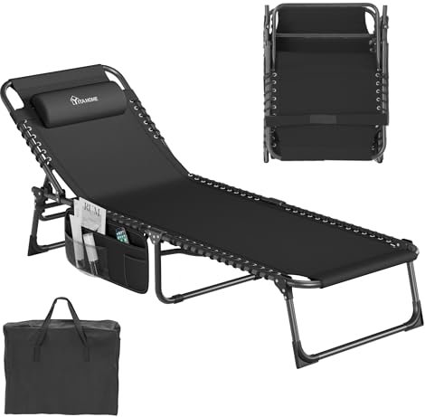 YITAHOME Tumbona Plegable Playa 190x60x31cm, Tumbonas Jardin Exterior 4 Posiciones Ajustables, Tumbonas Piscina con Reposacabezas y Bolsillo Lateral Carga de 300lbs para Jardín, Playa, Camping, Negro