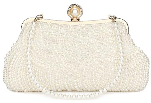 BAIGIO Perlen Damen Clutch Beige Abendtasche Brauttasche Elegant Handtasche Luxury Clutch für Mädcehen Umhängetaschen Klein Tasche für Hochzeit Geburtstag Afterparty Soft