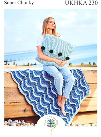 UKHKA Super Chunky Knitting Pattern for Throw Blanket & Pom Pom Cushion Cover 230