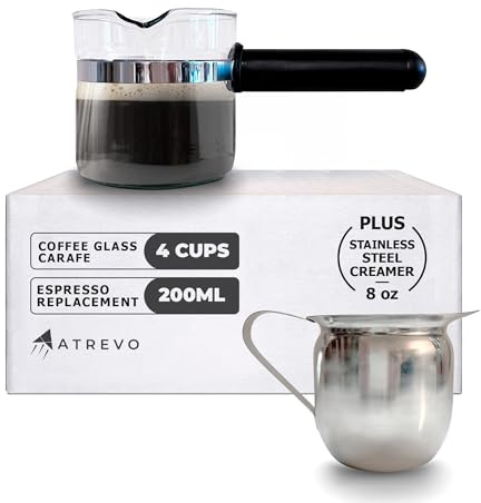 Espresso Carafe Glass Replacement - 4 Cup. Fits Most Espresso Machines, Mr. Coffee, Cuisinart, Breville. PLUS Stainless Steel Creamer (8oz).