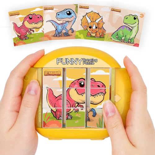 Fullware Rotating Puzzle for Kids 3 4 5 6 7 8 Year Old, 4 Puzzles in 1, Toddlers Travel, Car, Airplane, Road Trip Activities, Fine Motor Skills, Fidget, Gift for Boys & Girls Ages 3+ (Dinosaur)