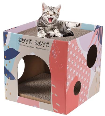 awakentti Maison de jeu en carton pour chat avec griffoir amovible, double couche verticale pour chatons, hamsters, chinchillas, lapins (B)