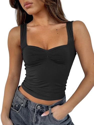 FOFAINWE Y2K Clothes Träger-Tops Für Damen - Plissee Bustier Sexy Rückenfrei Ausgehen Tops Ärmellos Cute Frauen Crop (Schwarz,S)