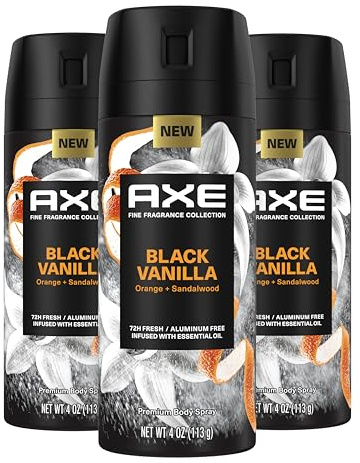 AXE Fine Fragrance Collection Premium Body Spray Black Vanilla with Orange + Sandalwood 3 Count with 72H Odor Protection Aluminum-Free 4 oz